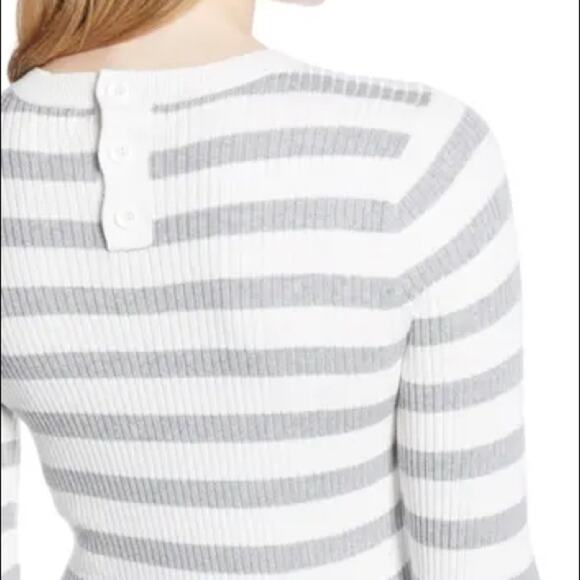 1901 White Grey Stripped Ribbed Long Sleeve Top Button Back Medium NEW - Picture 3 of 6